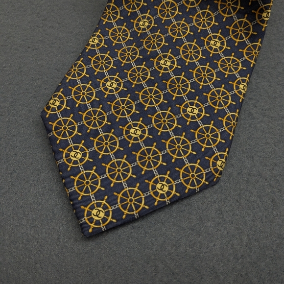Chanel Paris Captains Wheel Pattern Tie Navy Blue Gold - Picture 2 of 12